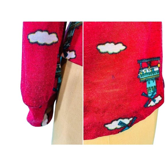 Vintage 70s Novelty Top Womens Small Printed Windmill Maroon Keyhole Blouse - Picture 10 of 10